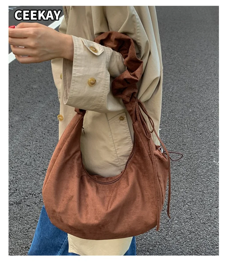 CEEKAY Bolso hobo para mujer, textura de ante color camel, bolso grande de hombro con correa con cordón, cremallera frontal, para uso diario, informal