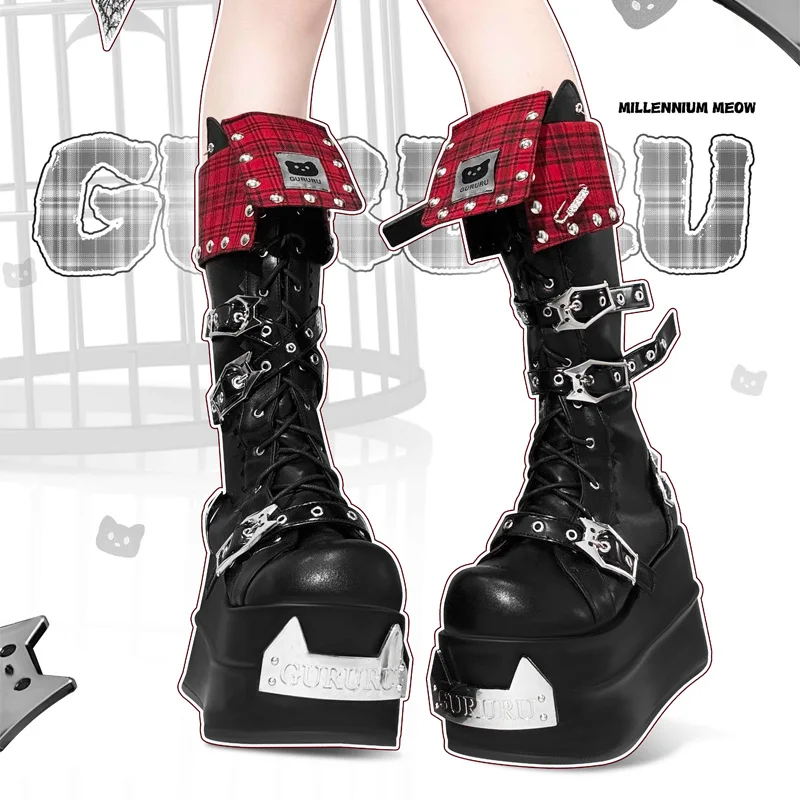 Harajuku Cat Gururu Original Y2k Subculture Thick Bottom Knight Fashion Boots Lolita Retro Girl Loli Boots