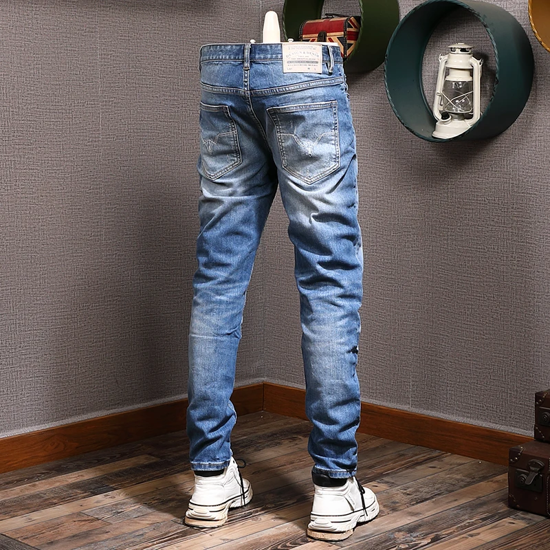 European Vintage Fashion Men Jeans Retro Blue Elastic Slim Fit Ripped Jeans Men Trousers Plain Wash Designer Denim Pants Hombre