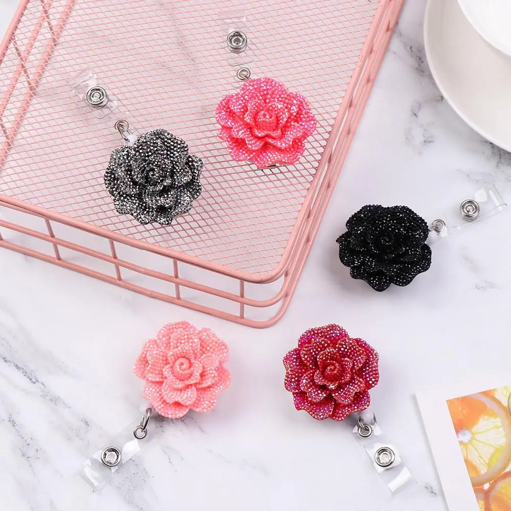 Fashion Clip ID Name Card Lanyards Stationery Anti-Lost Clip Badges Holder Badge Reel Key Ring Rose Shape
