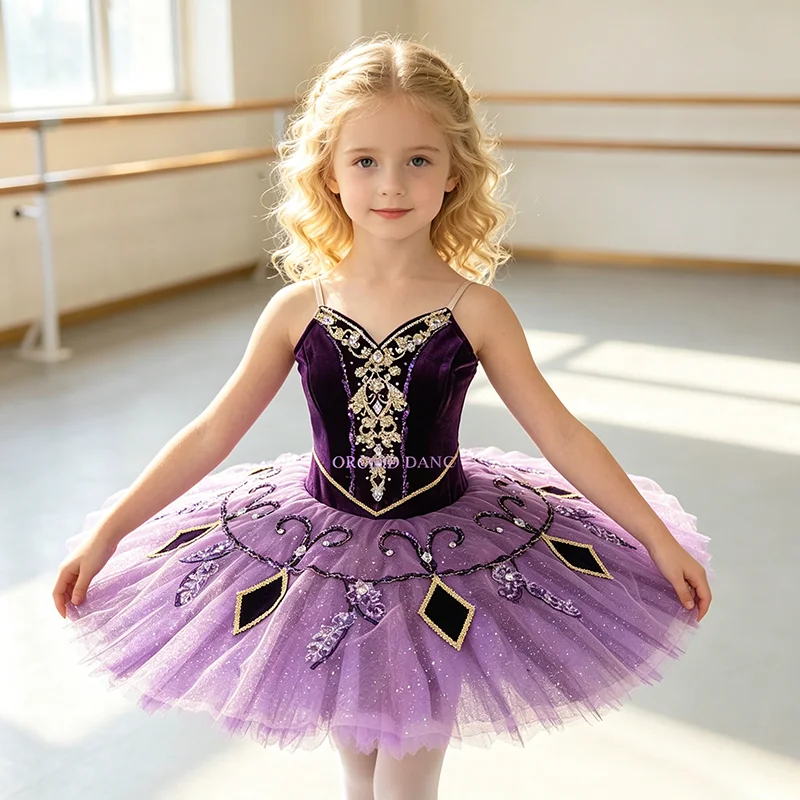 Women thin strap V neck ballet tutu performance dress gold purple rhinestone vine diamond contrast applique purple glitter skirt