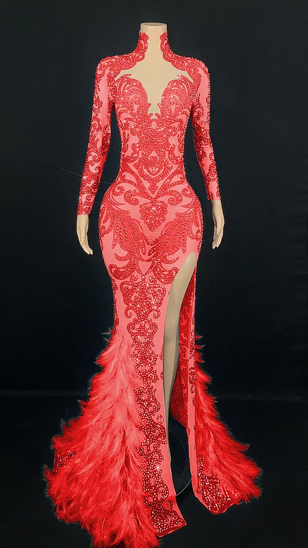 Diamond Birthday Dress Ladies Rose Feather High Split Party Ladies Evening Dress Elegant Shine Vestido Cerimônia Mulher Elegante