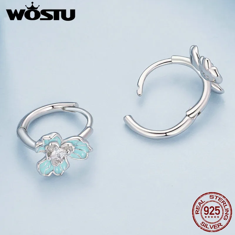 WOSTU 925 Sterling Silver Enamel Blue Iris Ear Clips with Zircon Hoop Earrings Jewelry for Women Girls Party Daily Spring Gift