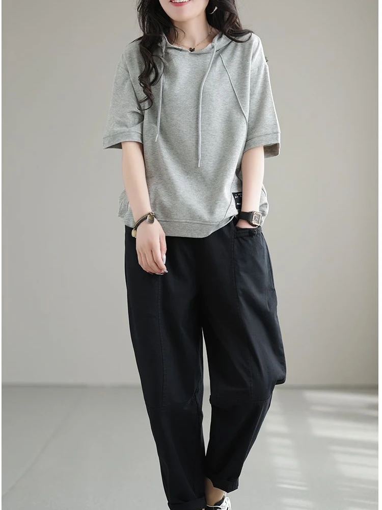 قميص نسائي صيفي فضفاض بغطاء للرأس من القطن، نصف كم بلون واحد، أسلوب عملي، طول خمسة أرباع