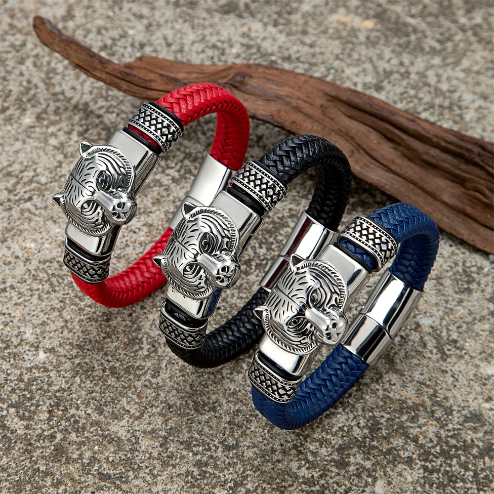 Vintage Vikings Bear Head Leather Bracelets for Men Handmade Stainless Stee Norse Amulet Bangles Punk Male Warrior Jewelry Gift view 4