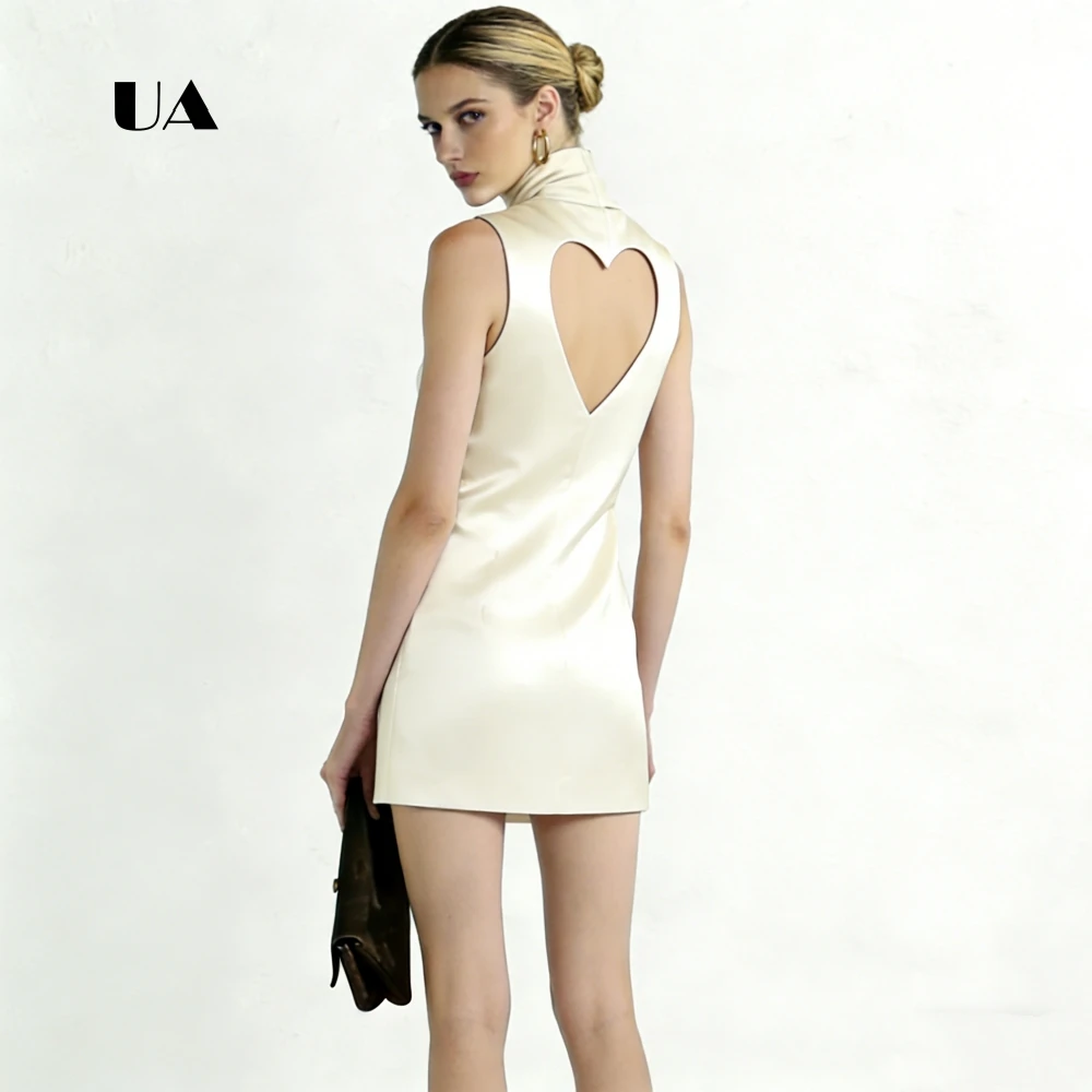 Ulbyanry mini vestido de cetim com gola alta, corte sólido, sem mangas, vestido de noite para mulheres, bainha simples, drapeado, vestido de festa personalizado