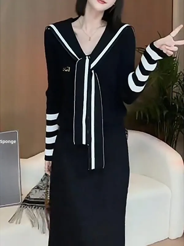 Cseta ajustada de punto de manga larga con cuello azul marino para mujer, Top a rayas que cubre el vientre, talla ande, ...