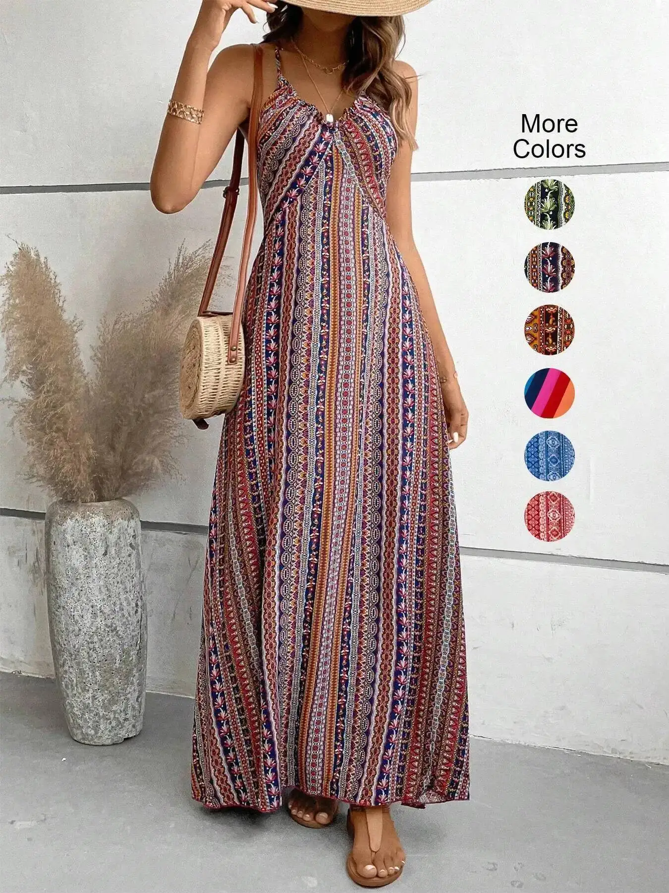Women's Summer Ethnic Pattern Backless Split Thigh Dress Ladies Summer Clothes Boho Fashion Frill Trim Long Dress For Beach