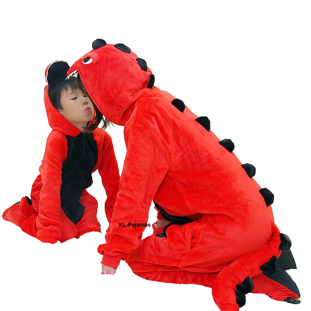 Red Dinosaur Onesie Animal Overalls Flannel Jumpsuit Cartoon Cosplay Costume One Piece Hooded Sleepwear Family Pyjama Pijama Set