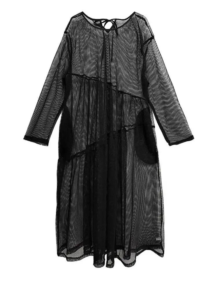Women Black Grid Hollow Out Big Size Long Casual Dress New Round Neck Long Sleeve Fashion Tide Spring Autumn