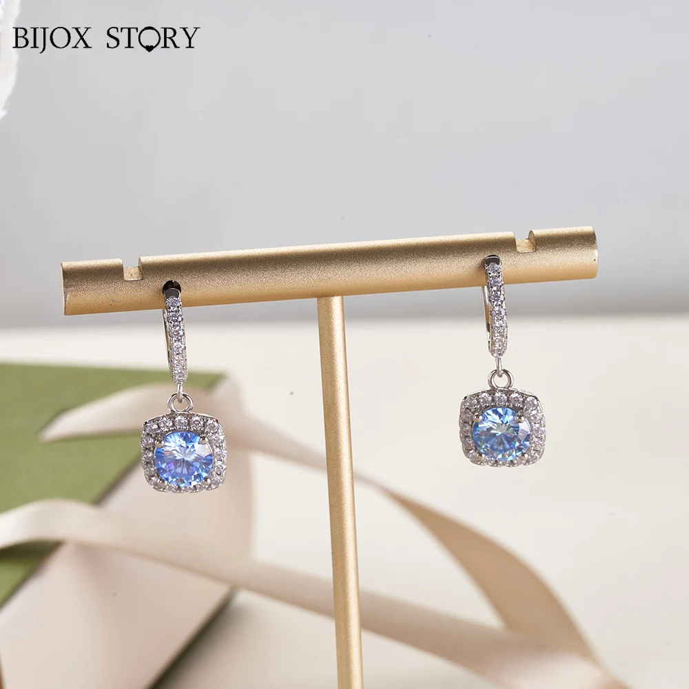 Round Shiny Moissanite Earrings 1ctX2 royal blue pink color  6.5mm 1 carat moissanite stone earring Women's Jewelry Gift