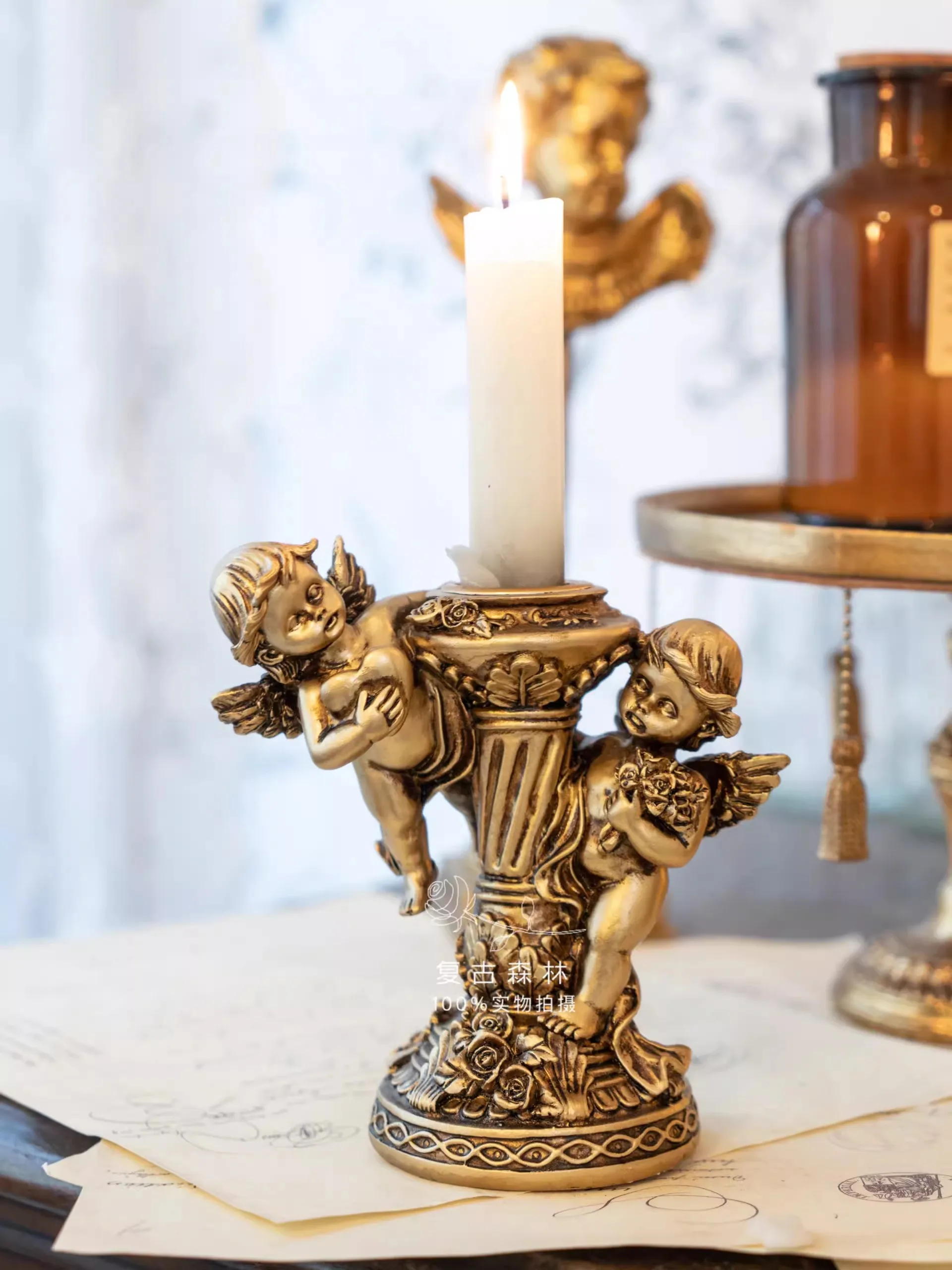 Vintage European style golden angel antique Roman pillar candle holder sculpture, architectural resin ornament, home decoration