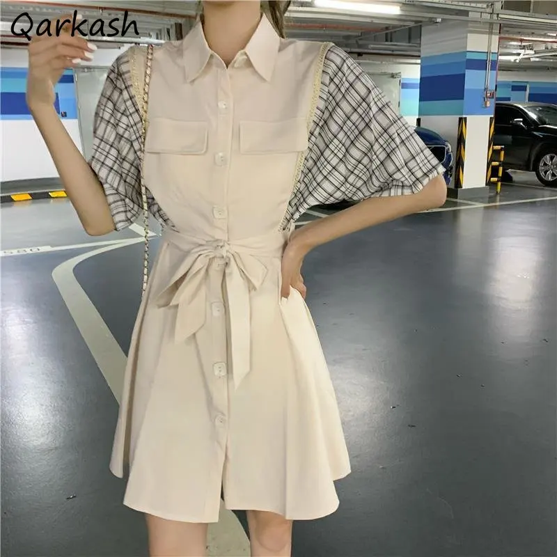 

Mini Dress Women S-5XL Fake Two Piece Bandage Baggy Korean Fashion Temper Girlish Teens Clothes Summer Aesthetics Preppy Vintage