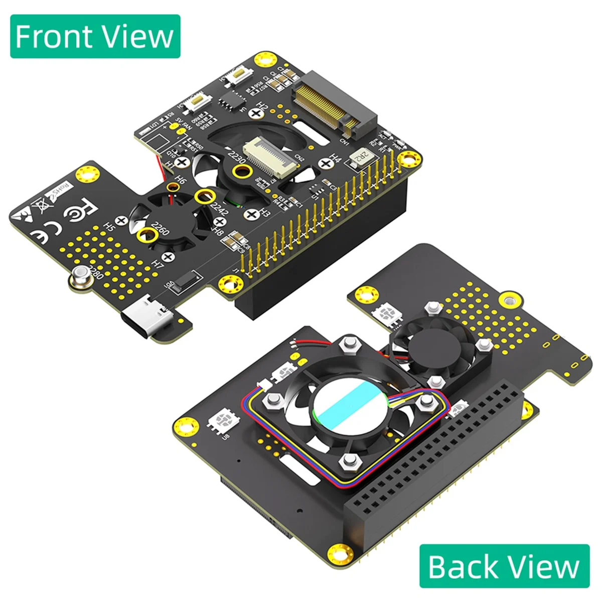 3 in 1 M.2 NVMe SSD to PCIe Adapter with Dual Cooler Fans and Automatic Discoloration LED for Raspberry Pi 5