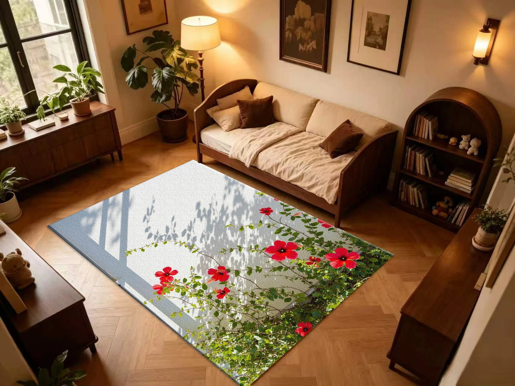 Red Hibiscus Flower Wall Shadow Carpet Flooring, Tropical Floral Non-Slip Area Rug for Living Room Balcony Home Floor Decor
