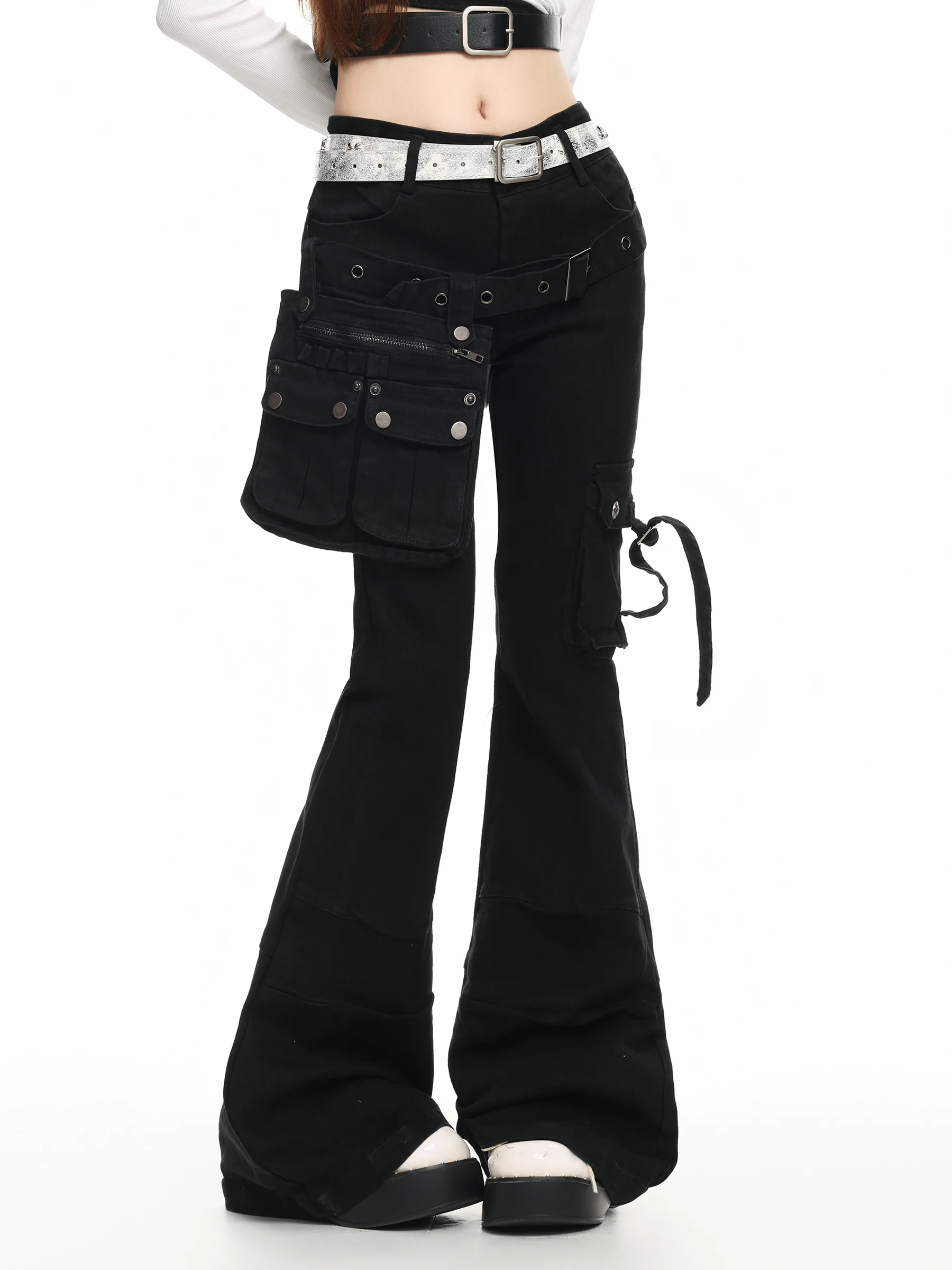 BASTERDS American Style Hot Girl Multi-Pocket Workwear Flared Pants Women's Low Waist Slimming Long Trousers Casual Pants