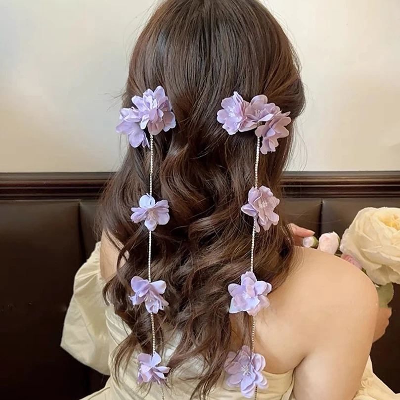 2 Pcs Cute Little Flower Braid Hair Clip Chain Flower Hairpin Summer Side Tassels Invisible Long Tassel Hair Accessories