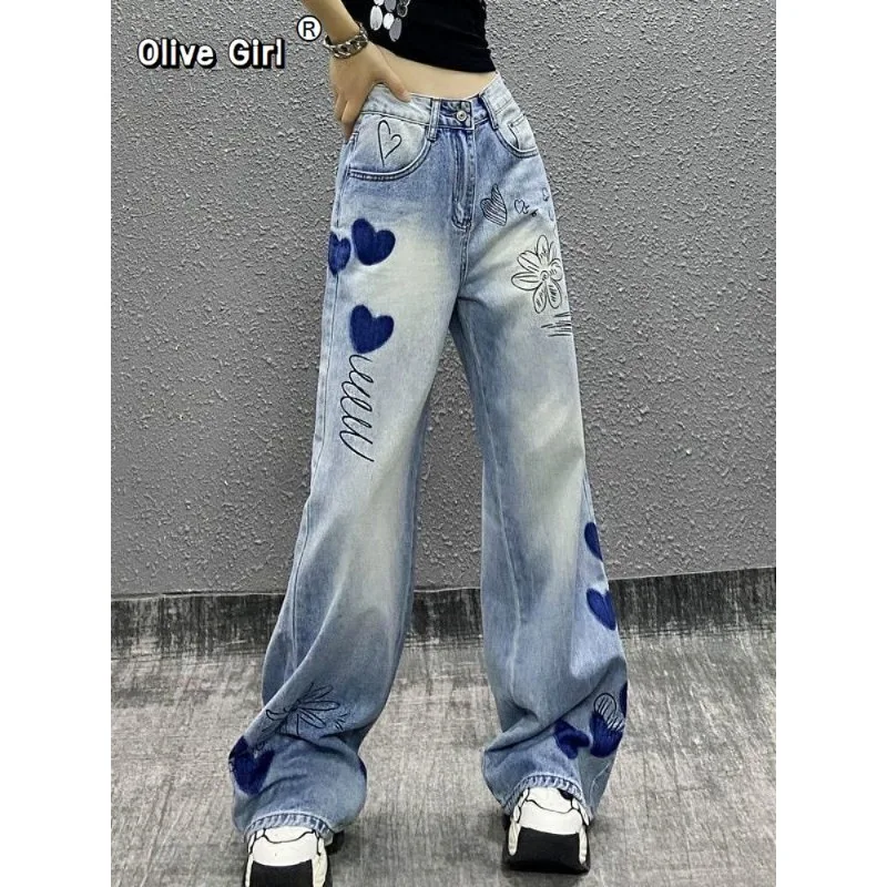 Olivegirl Denim Jeans 2026 Spring High Waisted Trousers Straight Wide Leg Pants Women's Pant Hand-painted Print Drape Jeans