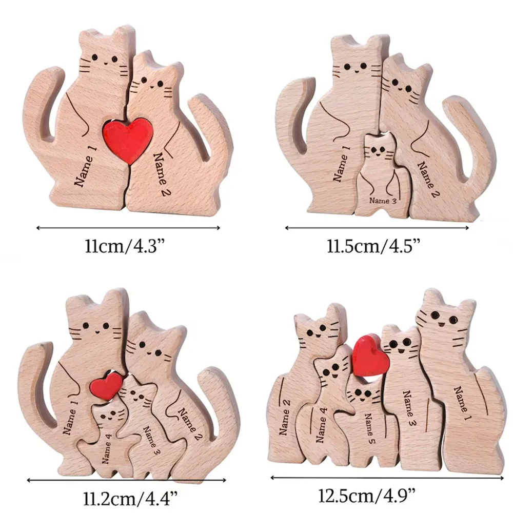 Free Engraving DIY CAT Family Wooden Puzzle Personalized Custom Desk Decor Christmas Birthday Gift Home Decoration Figurines