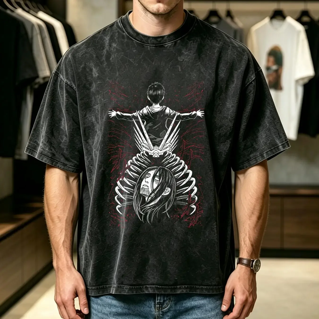 washed T Shirt Eren Yeager Aot Anime Attack On Titan black All Size vintage Washed fashion graphic Slightly Stretched Casual