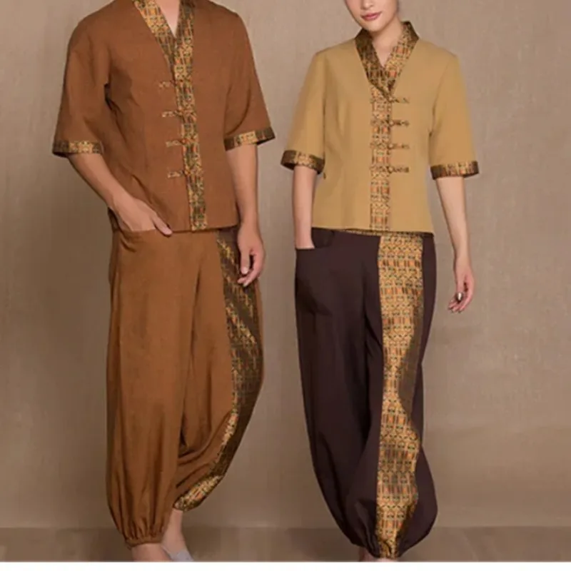 Women Man Spa Uniform Thai Style Tops Trousers Workwear Cotton Linen Beauty Salon Therapist Clothes Set Waitress Restaurant Wear