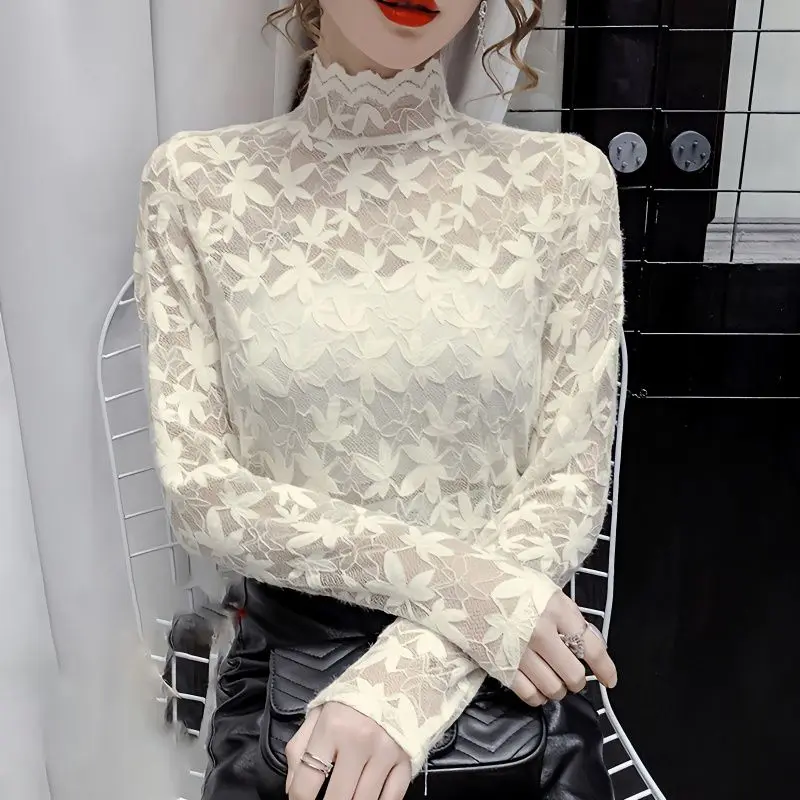 

Spring Autumn New Women Sexy Embroidery Lace Blouse Feminine Turtleneck Long Sleeve Shirt Slim 4XL Tops Black N27