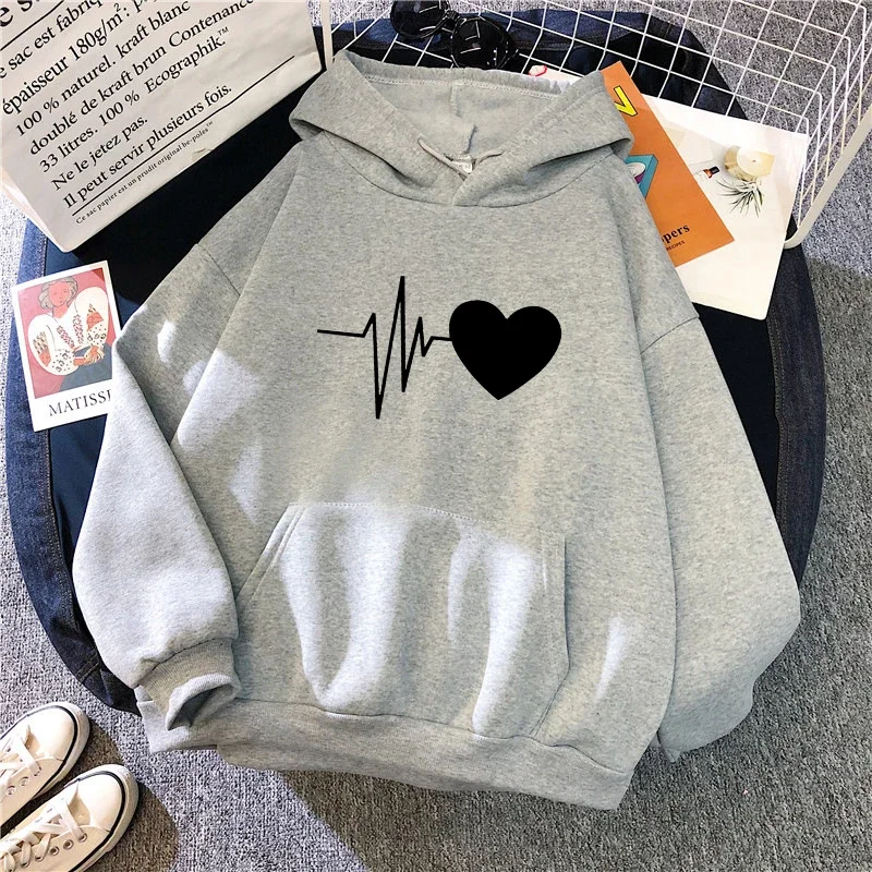 

Woman Hooded Sweatshirt Casual Fashion Heart Print Hoodies Ladies Home Outdoor Comfort Pullover Daily Sport Loose Hoody Top