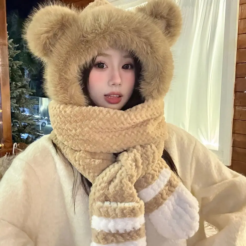 High-Value Bear Protection Hat Soft Thickened Design Integrated Cap Gloves Scarf Pullover Windproof Ear Protection Hat