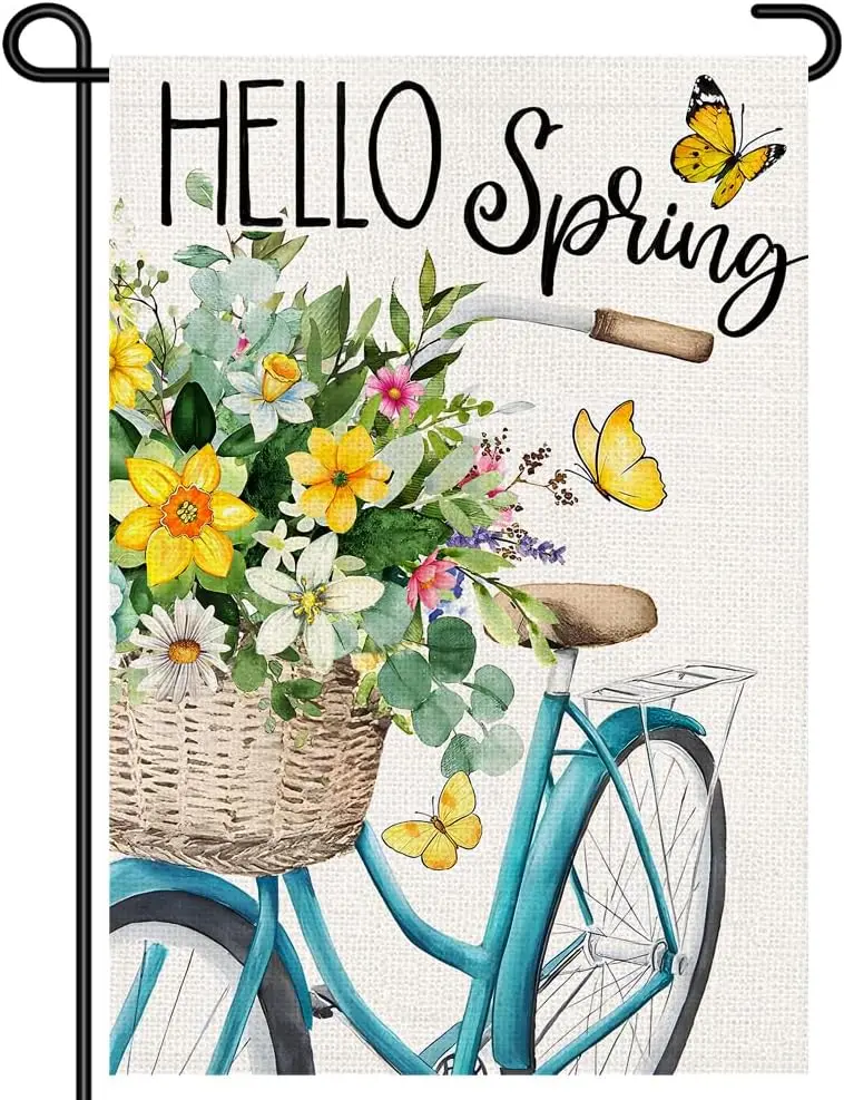 Spring Garden Flag 12x18, Hello Spring Bicycle Flower Basket Yard Flag, Double Sided Outdoor Burlap Decor for Spring Season  AAS
