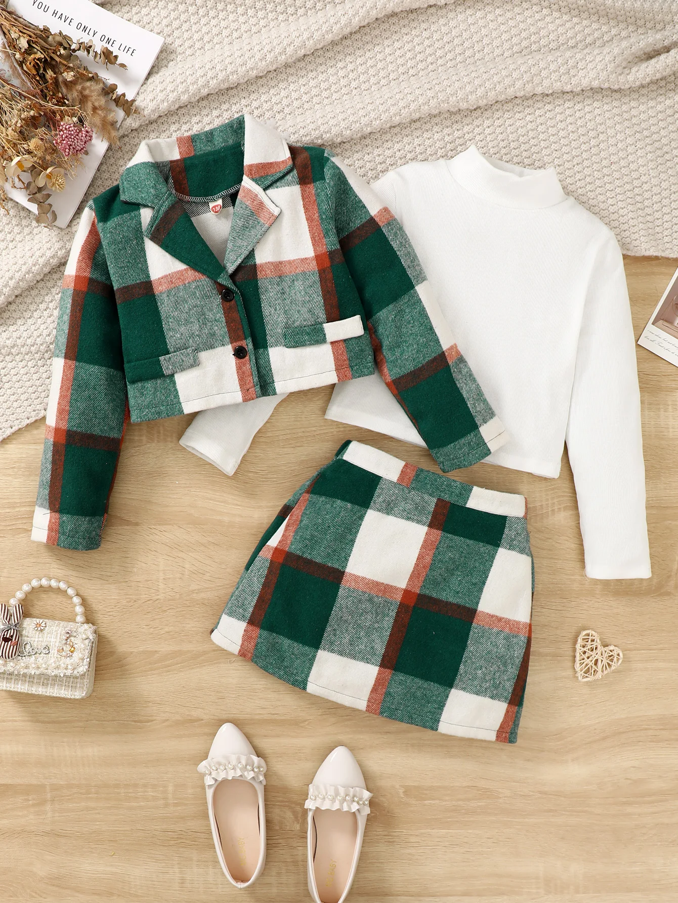 Christmas 3PC Set Girls Fashion Thick Plaid Collar Button Short Coat High Collar Stripe Long Sleeve + Plaid Mini Skirt Ensemble