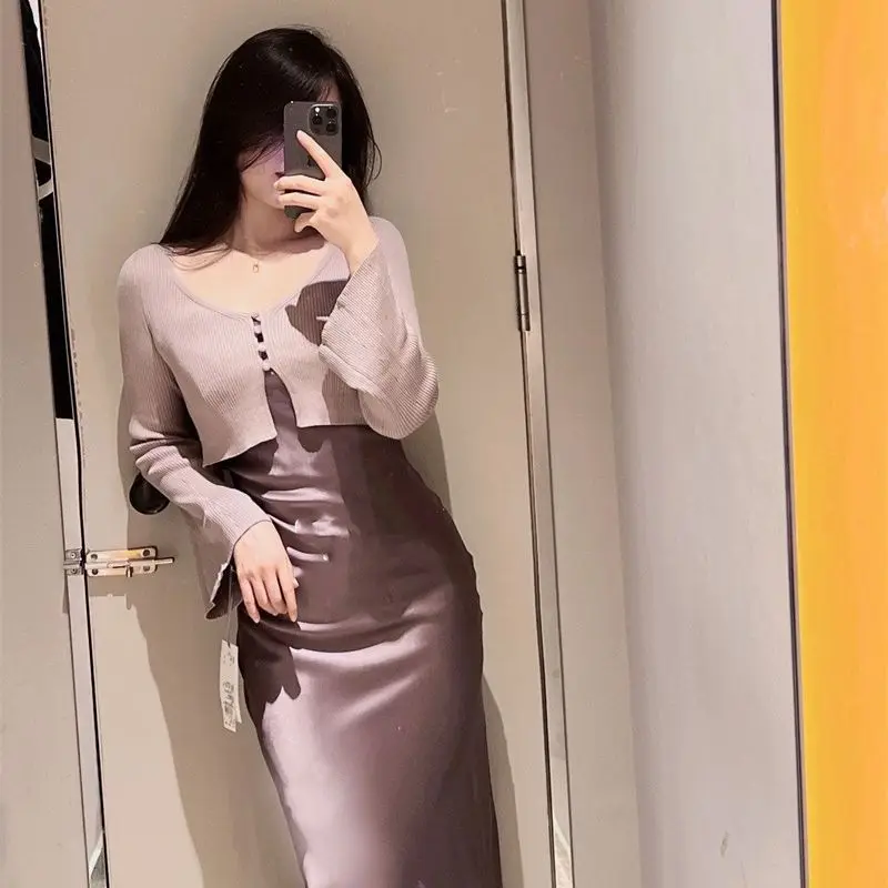 Japońskie sukienki bez rękawów Vestidos Mujer seksowna sukienka w paski wiosenne satynowe damskie eleganckie Ropa Mujer z rozpinany sweter