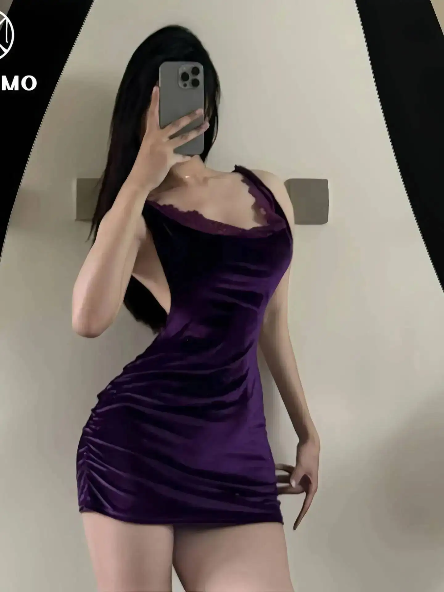 Elegant Alluring Purple Deep V Velvet Strap Bodycon Dress Pure Desire Swinging Neck Big Backless Sexy Sweet Mini Dress Y69V