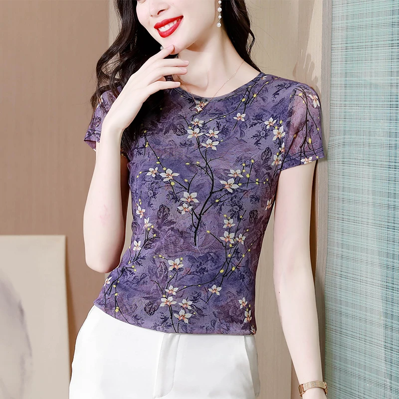 Korean Fashion Women Mesh T-shirt Round Neck Short Sleeve Casual Tops Summer Floral Printed Shirt