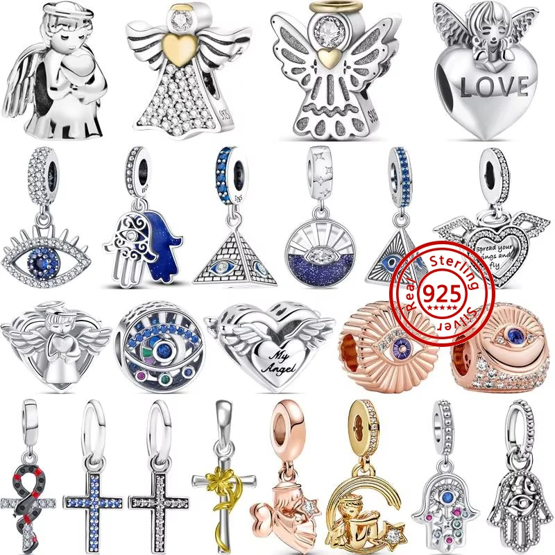 Se adapta a la pulsera Original Pantaro, nueva Plata de Ley 925, alas de corazón de Ángel, colgante de Cruz de ojo azul, cuentas de amor, joyería fina DIY
