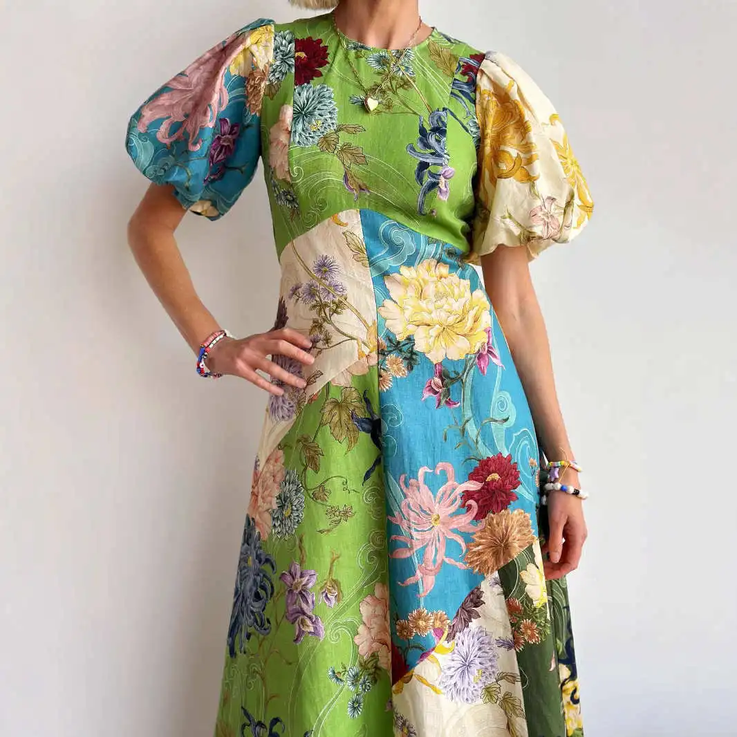 Vestido Casual de Linho com Decote Redondo, Estampa E, Saia Midi, Manga Curta, Vestido F para a Temporada de Ou...