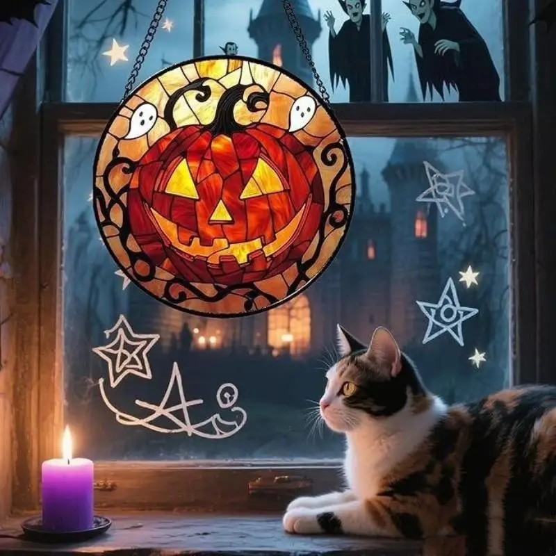 ~Stained Glass Halloween Pumpkin Suncatcher Cute Ghost Design For Halloween Party Window Hanging Decor