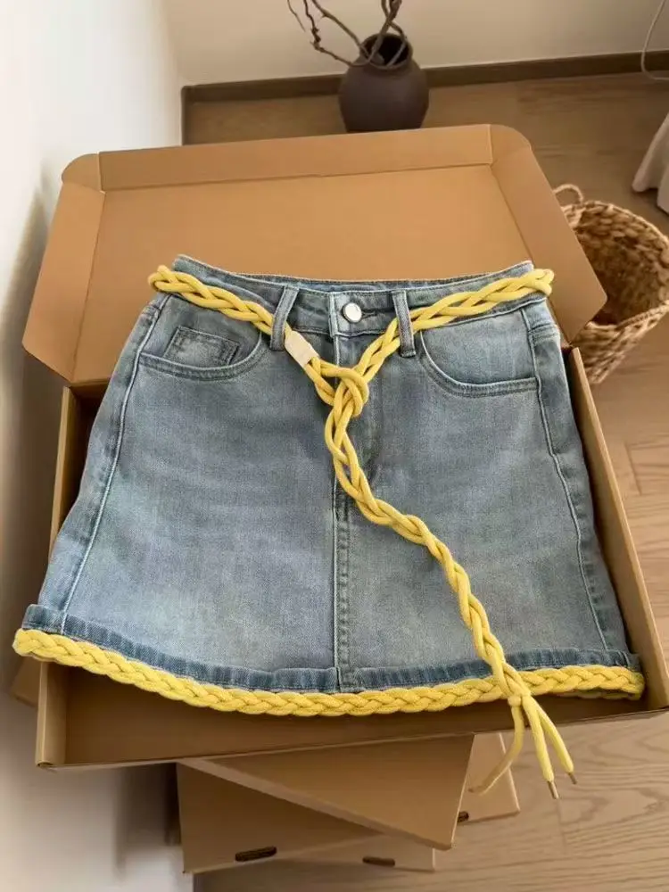 한국 스타일 틈새 대비 컬러 데님 짧은 치마 세련된 다목적 하이 웨이스트 a 라인 스커트 여름 새 여성 의류