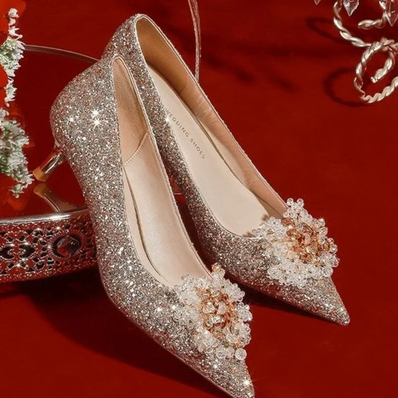 Golden Wedding Shoes Wedding Bridal Shoes Bridesmaid Crystal Shoes Celebrity Stiletto Women Shoes High Heels Shoes for Women