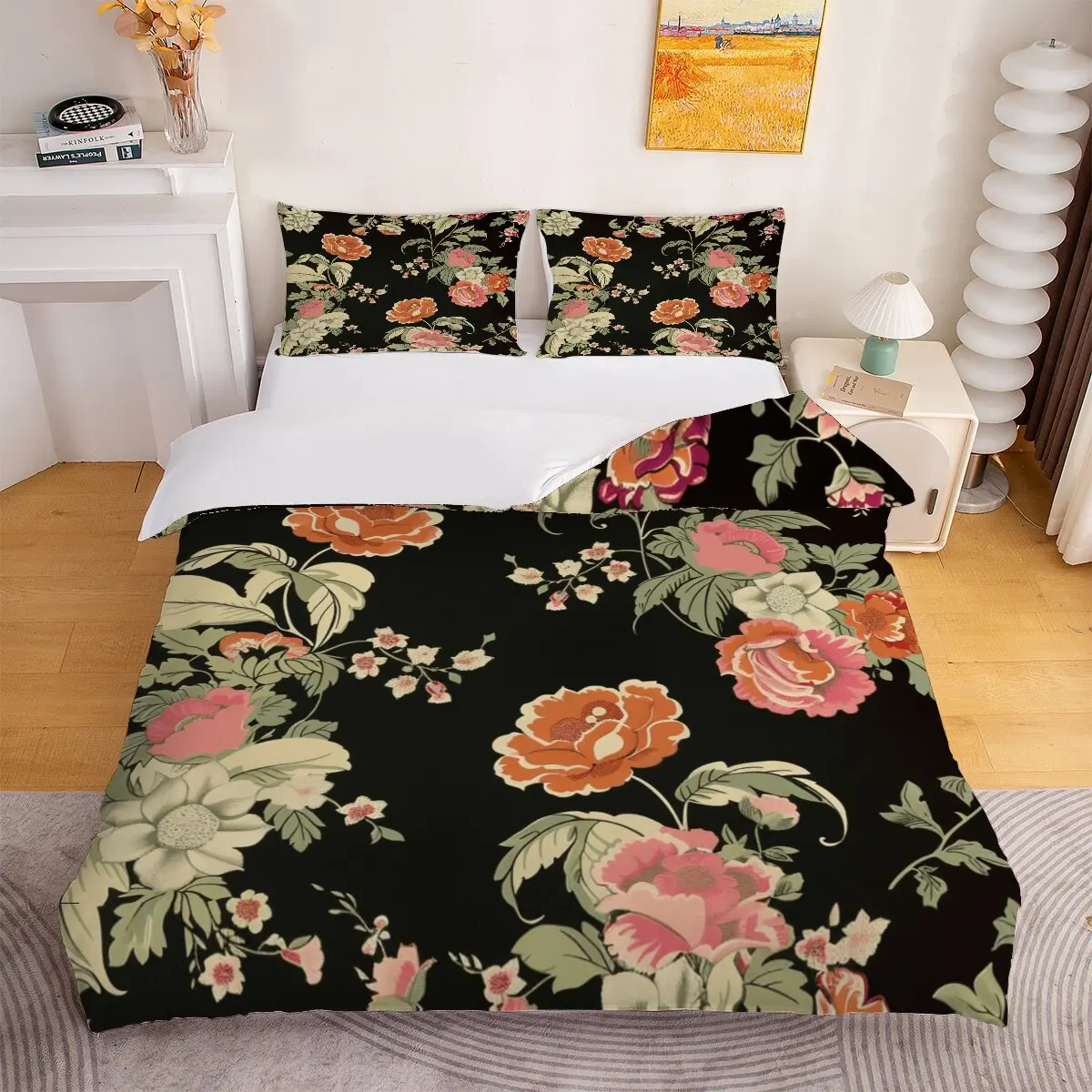 Pink Rose  duvet cover   Orange flower  1 duvet cover, 2 pillowcases, 3 pieces