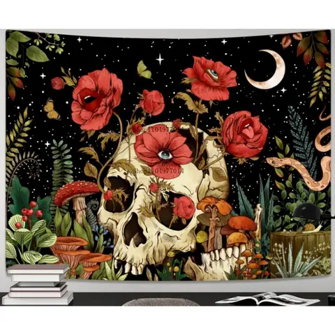 खोपड़ी पुष्प टेपेस्ट्री, मशरूम खोपड़ी गोथिक गार्डन बेडरूम सौंदर्य टेपेस्ट्री 8 best sales खोपड़ी टेपेस्ट्री - №1