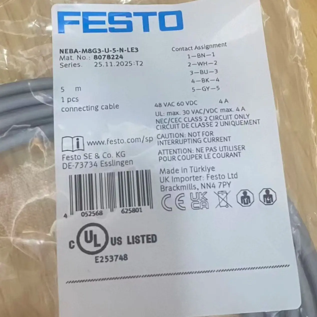 FESTO NEBA-M8G3-U-5-N-LE3 M8 Connector Cable 5m A-Coded Industrial Automation Cable Oil Resistant UV Resistant 8078224