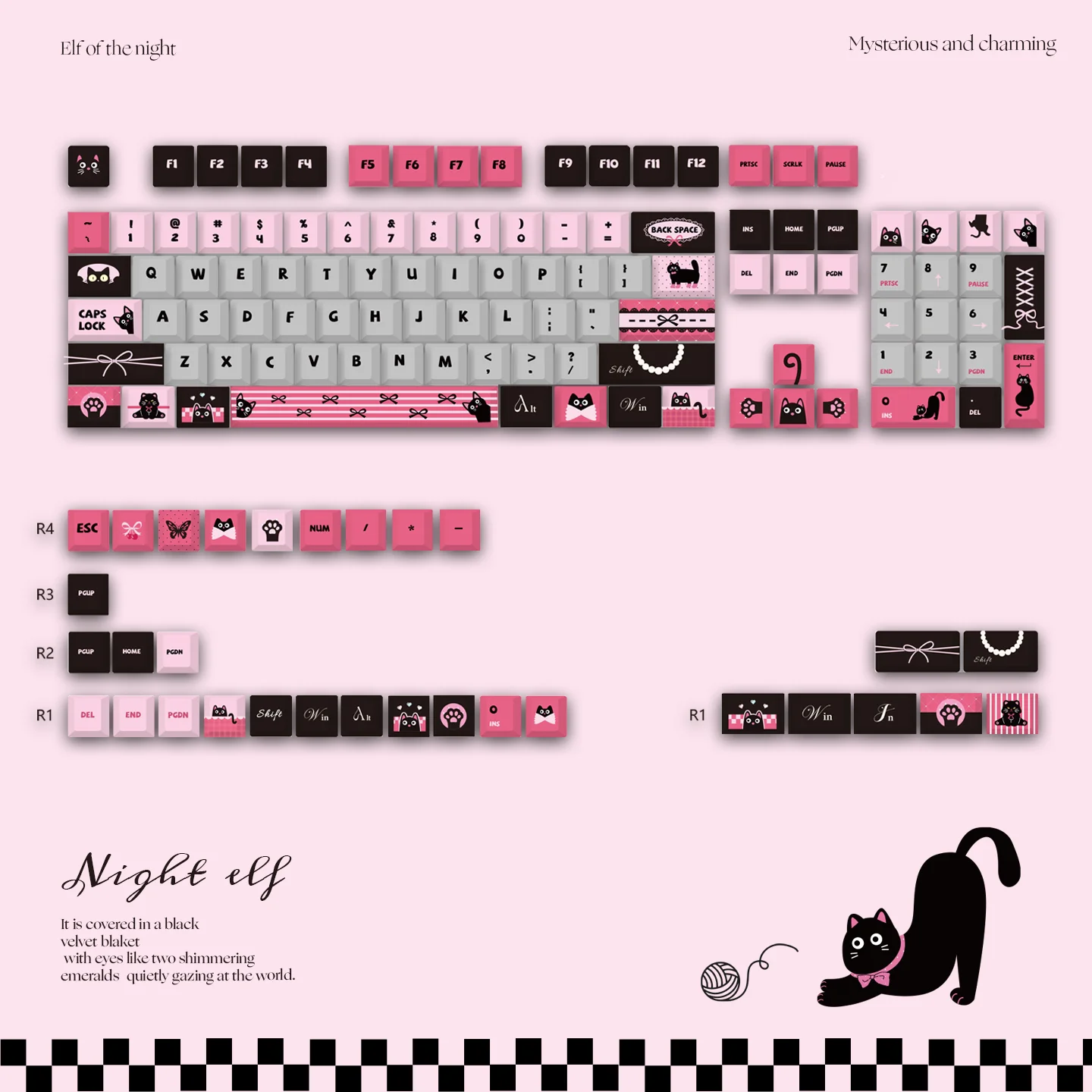 High Quality Cherry Keycaps 130 Keys Cartoon Wind Night Elf Pink Black Cat Pattern Cute Anime Wind Mechanical Keyboard Key Cap