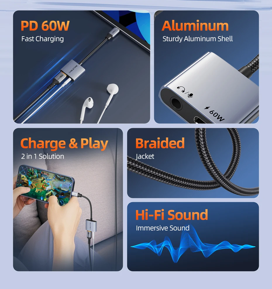 CABLETIME USB-C auf 3,5-mm-Audio-Adapter USB-C Kopfhörer 2-in-1 PD 60W Typ-C auf 3,5-mm-Klinkenadapter Hi-Fi für iPhone Xiaomi – Detail 2
