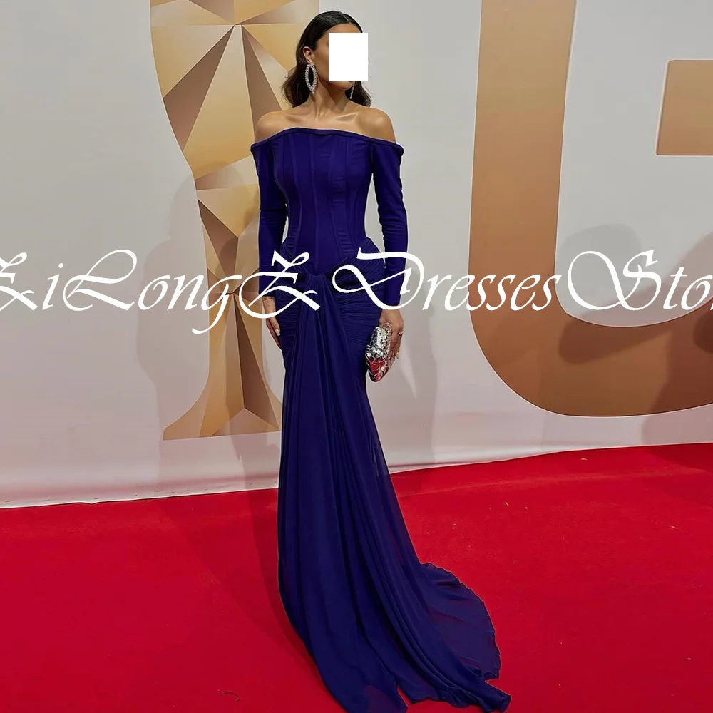 تخصيص حورية البحر الأرجواني النقي الشيفون قبالة الكتف فساتين السهرة الرسمية والكلاسيكية طويلة الأكمام قطار الاجتياح Pr #2