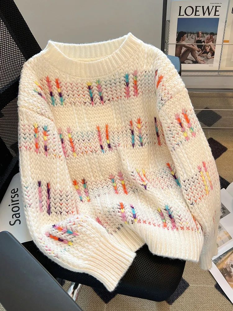 Autumn Winter Women New Sweater Design Casual Loose Sweet Jumper Korean Fashion Elegant O-Neck Long Sleeve Striped Straight Top