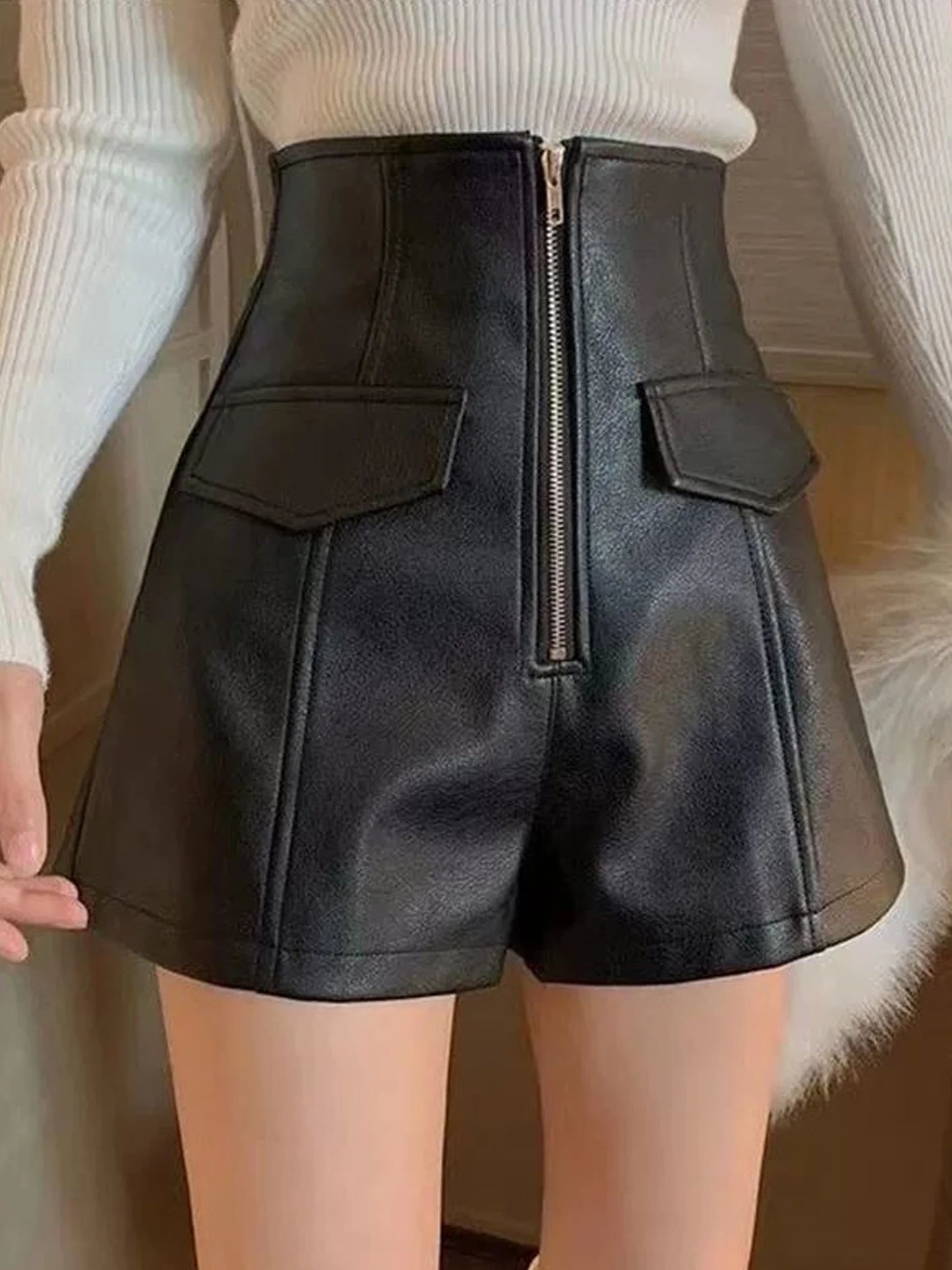 High Waist PU Leather Short Pants Women's Autumn New Slimming A-Line Wide Leg Base Boot Pants Korean Design Casual Pants