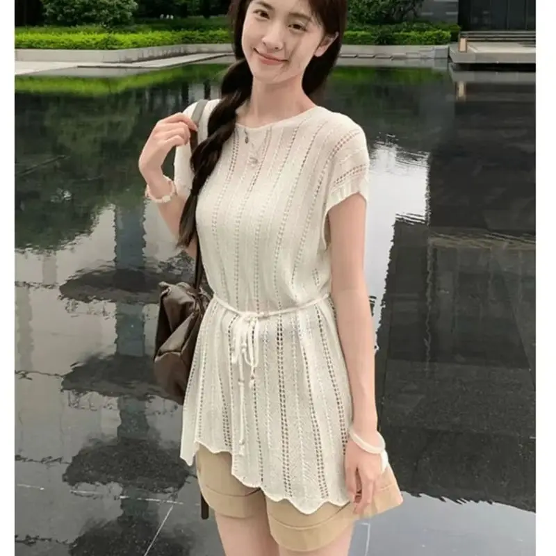 Korean Style O-Neck Waist Cinching Shirt Bow Tie Casual Short Sleeve T-Shirts Young Women Summer Fashion Season Regular Length