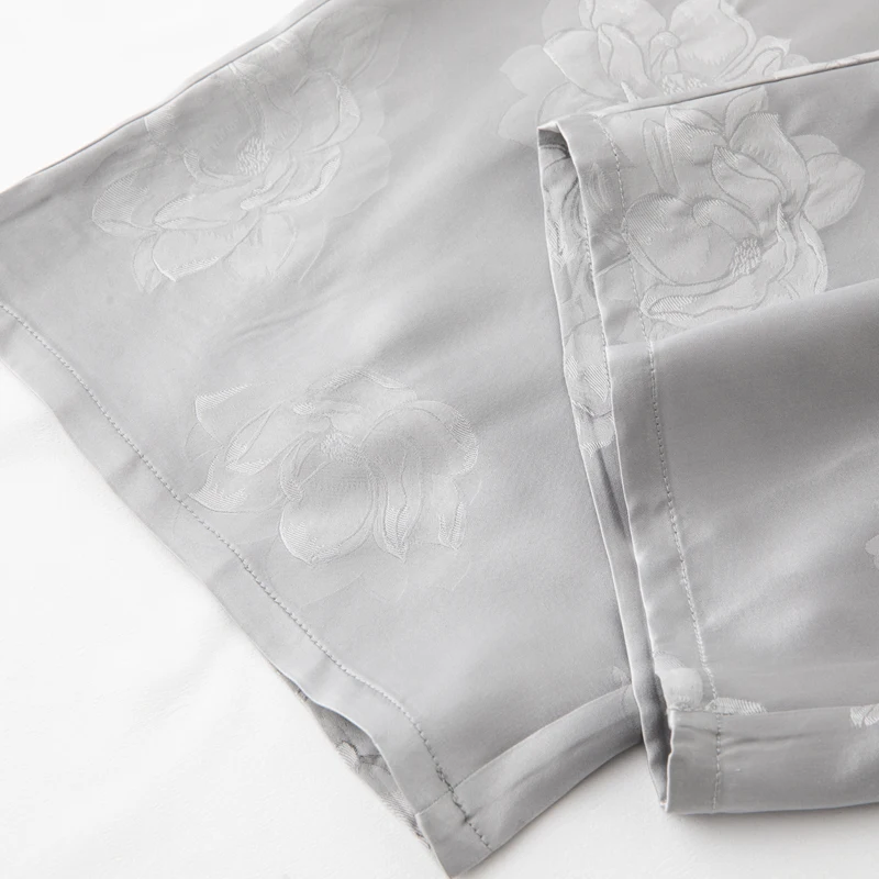 30MM Heavy Weight 100% Natural Mulberry Silk Jacquard HuaLuo Women's Elastic Waist Loose Silver Gray Straight Tube Drop Pants