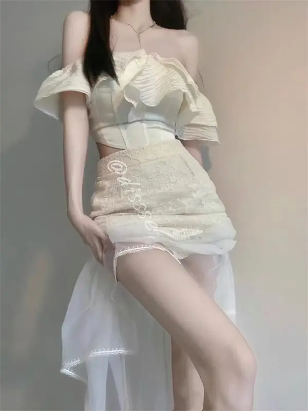

Summer Set Two Piece New High-end Advanced Designed Niche Elegant Style Temperature One-shoulder Top and Mesh Hip-wrap Skirt