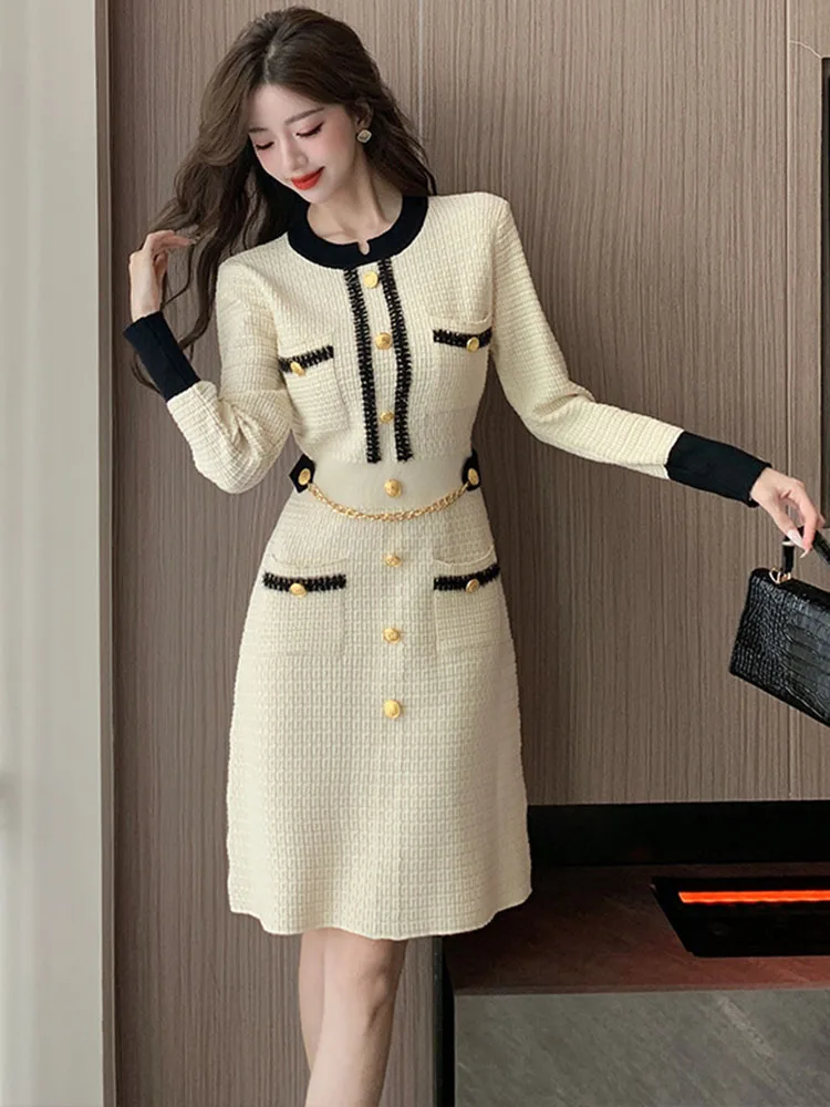 Chic Design 0-neck Knit Midi Dresses Korean Party Elegant Knitwear Long Sleeve Pullover Dress Spring Fall A-lined Vestidos New